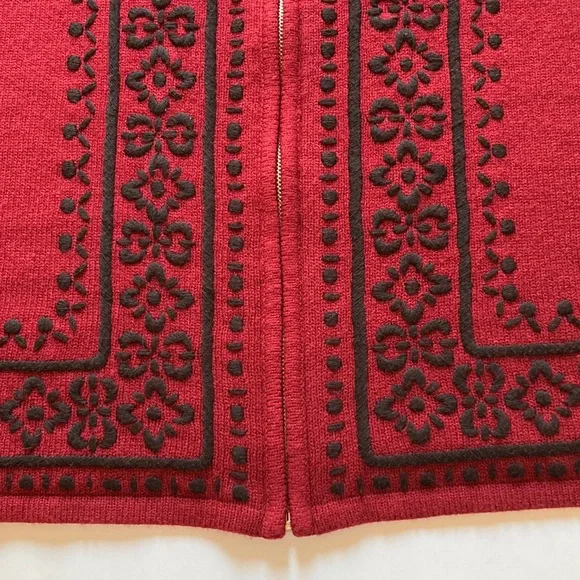 Deep Red Zip-Up Cardigan with Black Embroidered Panels - Picture 3 of 7